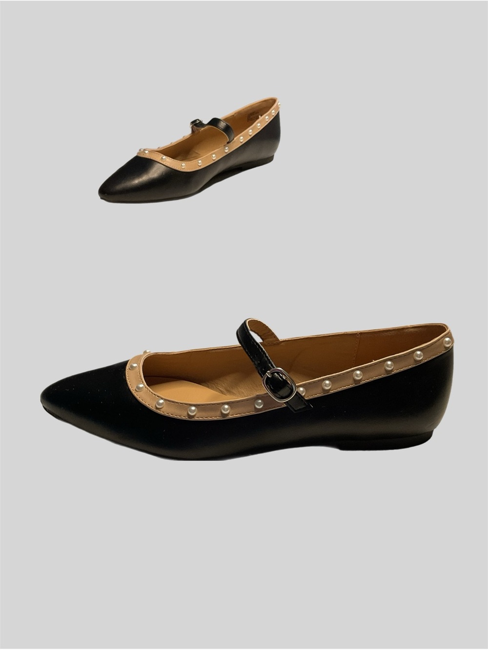 Michael Shannons Rosalina 9 Black & Taupe Pearl studded MaryJane Flats Like new